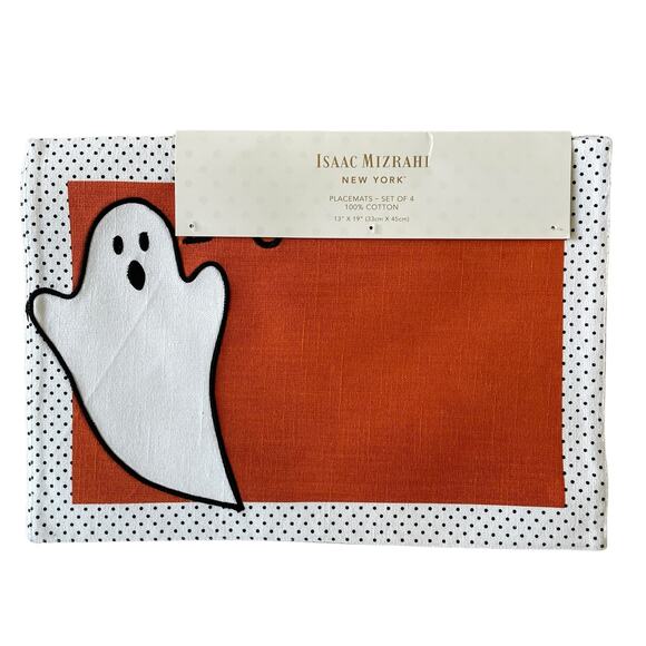 ISAAC MIZRAHI Halloween Ghost Placemats 13x19 Cotton White Orange Set of 4 New - Picture 1 of 12